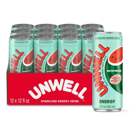 Unwell Sparkling Energy Drink, Electrolytes & Real Fruit Juice – Watermelon, 12 PK