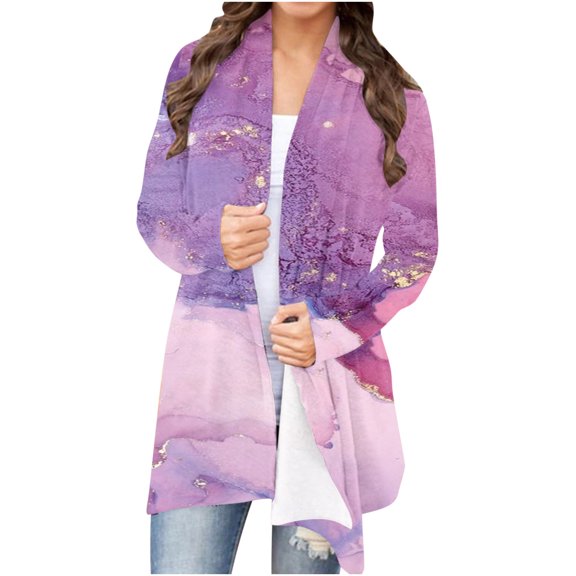 Lilgiuy Women's Long Sleeve Casual Print Cardigan Top Blouse(Purple,4) Winter Clothes for 2022