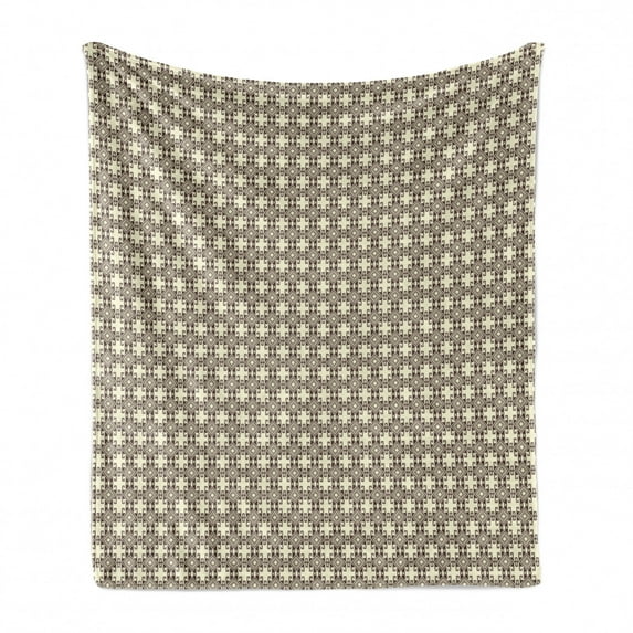Abstract Soft Flannel Fleece Blanket, Repetitive Tribal Shapes of Diagonal Squares Bicolored Motifs Illustration, Cozy Plush for Indoor and Outdoor Use, 60" x 80", Dark Taupe Cream, by Ambesonne