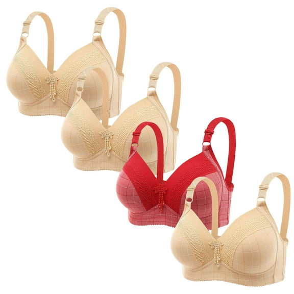 Lisbinx Sports Bra 4PC Women Plus Size Lace Stitching Plaid Printing Non-Steel Ring Non-Magnetic Buckle Underwear Bra Seasonal Discounts