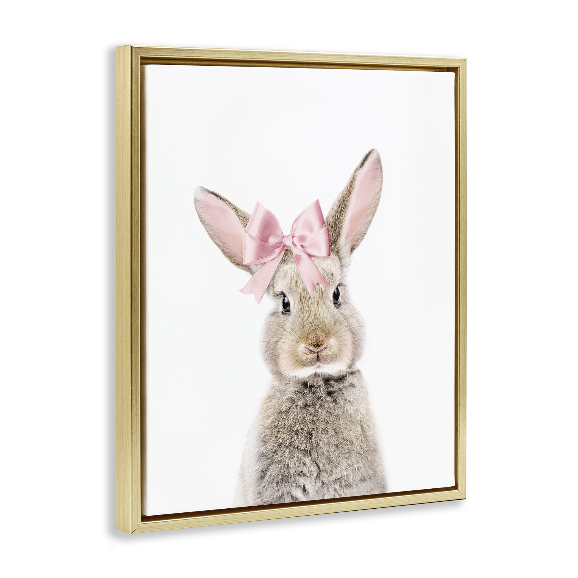 Stupell Industries Bunny with Pink Bow Animals Painting Gold Floater Framed Canvas Art Print Wall Art, 17 x 21