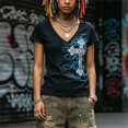thumbnail image 5 of Women Y2K Grunge Vintage Graphic Tees V-Neck Short Sleeve Slim Fit T-Shirt Emo Clothes for Teen Young Girls 2000s Streetwear Black Size S, 5 of 9