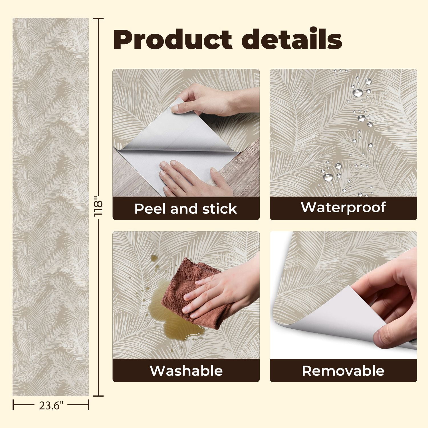 Peel and Stick Wallpaper Elegant Palm Leaves Neutral Tones Wall Mural 23.6in x 9.8ft Self Adhesive Removable Wall Paper Renter Friendly Wallpaper for Nursery Bedroom Cabinets