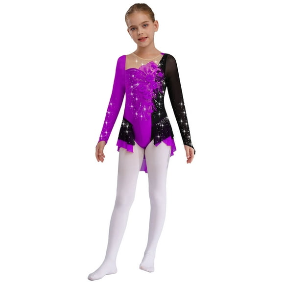 Oyolan Kids Girls Applique Skating Gymnastics Leotard Color Block Skirted Leotard Ballet Dance Unitards Purple 16