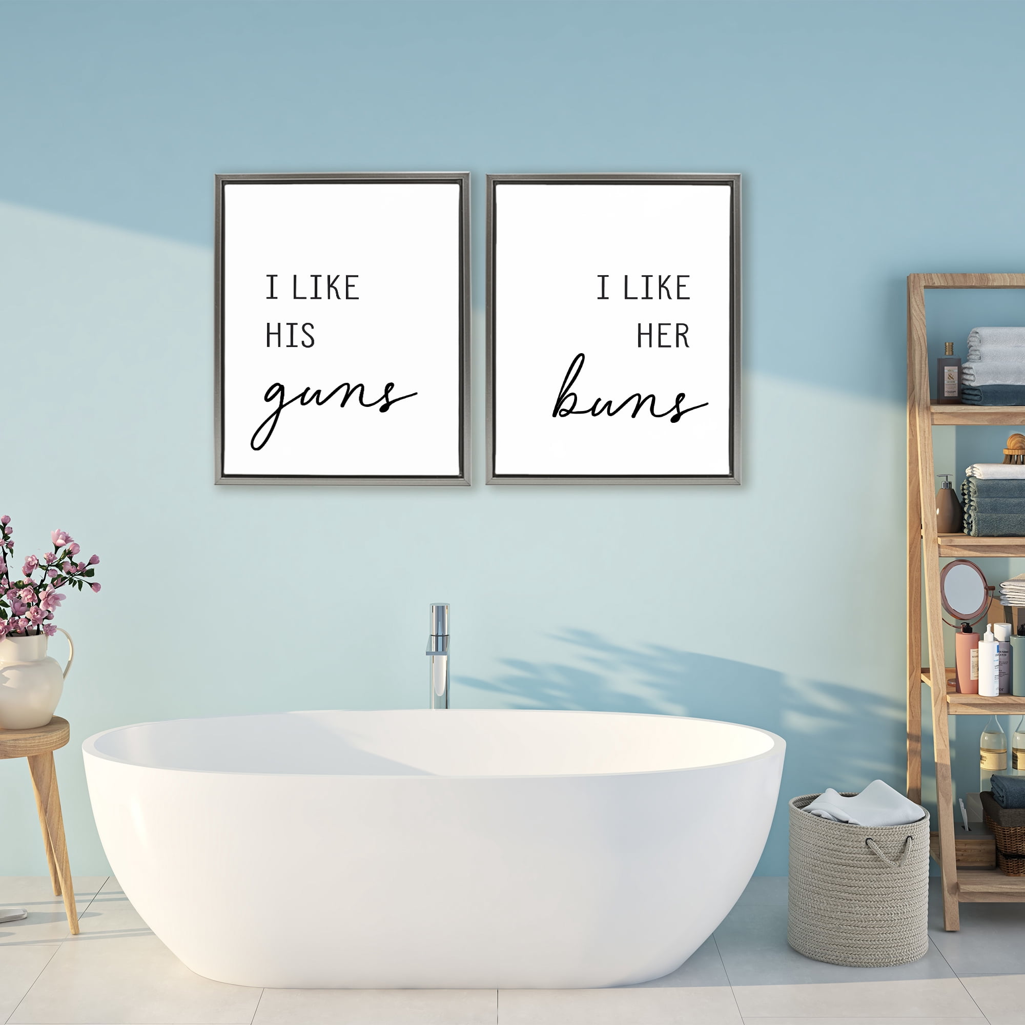 Like His Guns & Her Buns 2 Piece Gray Framed Floater Canvas Set, design by Lettered and Lined