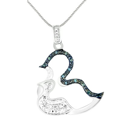 Ducks Logo Pendant - Black & White Natural Diamond Mom & Baby Duck Pendant Necklace in 14k White Gold Over Sterling Silver