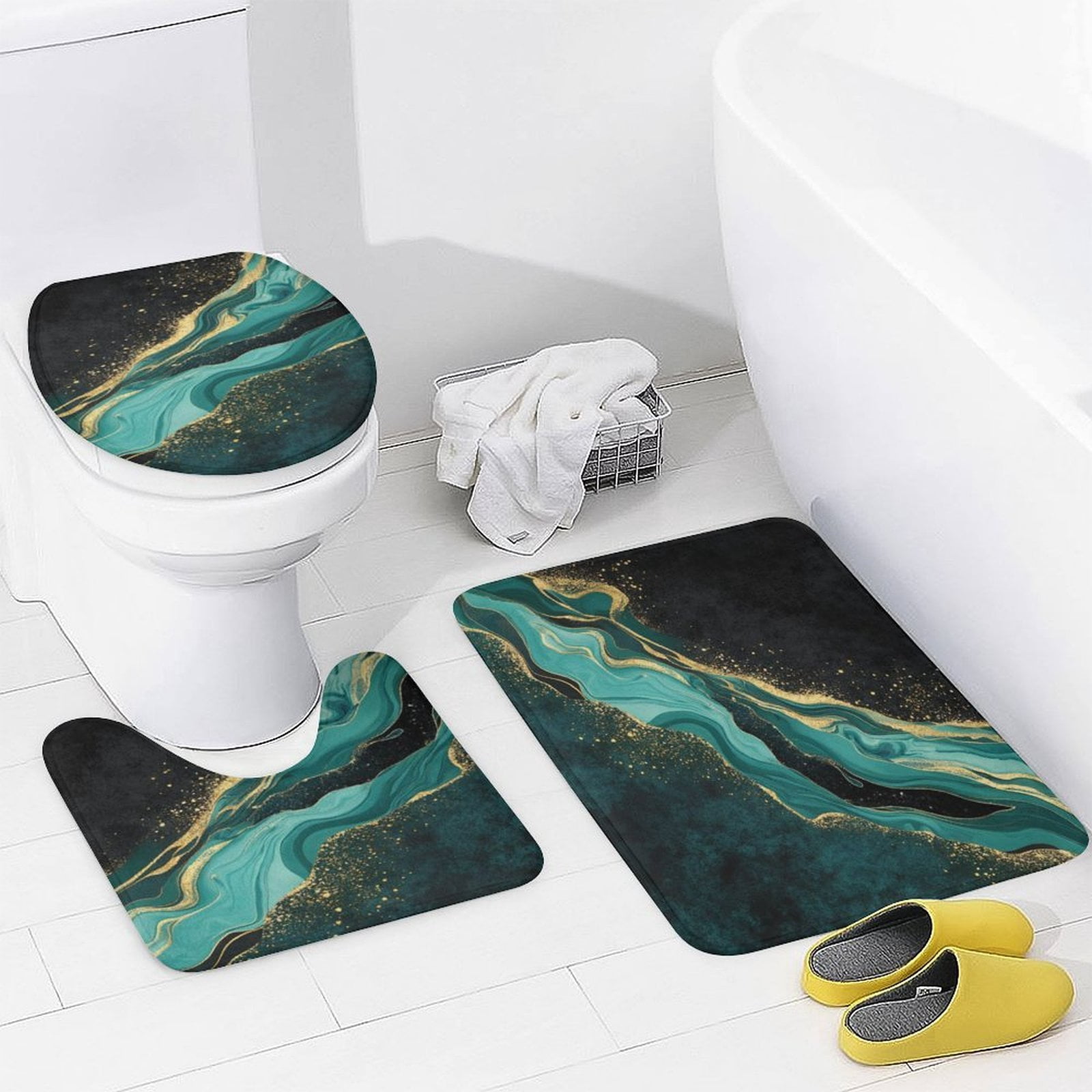 Marble Gold Teal Abstract Shower Curtain Waterproof Bathroom Curtain Set with Hooks Home Decor Bathroom Curtains 4pcs