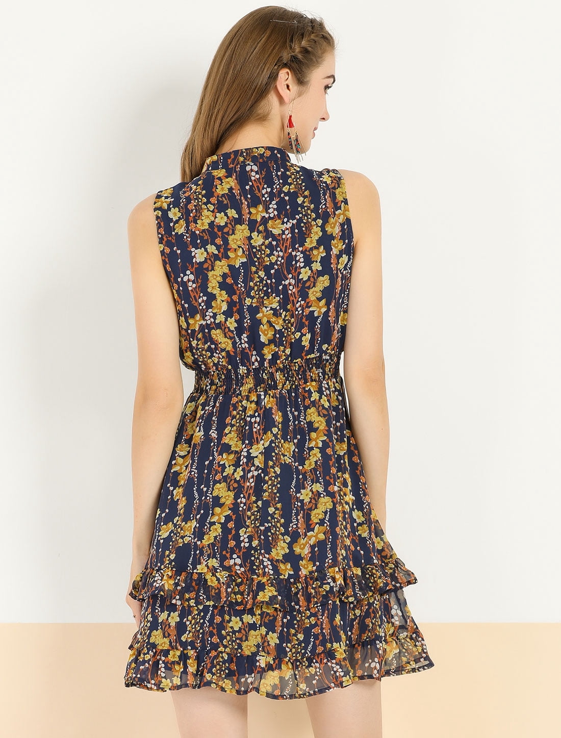 DARING DIVA Women's Floral Chiffon Smocked Mini Sleeveless A-Line Dress 3XL Navy Blue