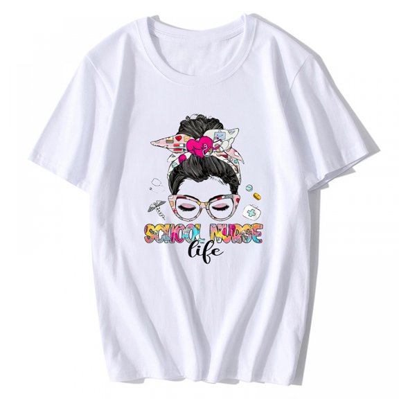 Women's T-shirt School Nurse Life Messy Bun Stethoscope Nursing Week Casual Short-sleeved O-neck Top White 2X-Large