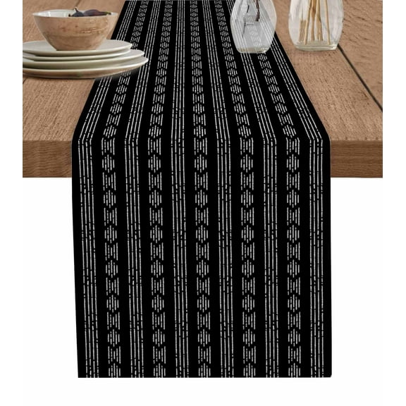 Table Runner Dresser Scarves 60 Inch Long,Boho Rustic Vintage Minimalist Art Linen Dining Table Runners White Stripe Texture on Black Tabletop Scarf for Wedding Holiday Party Kitchen