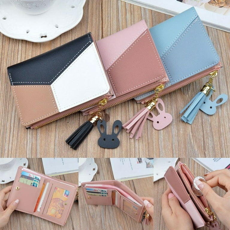 Suxgumoe Small Wallet for Women Girls PU Leather Bifold Short Wallet Tassels Cute Cat Women Wallet Ladies Purse with Coin Pocket (Pink)