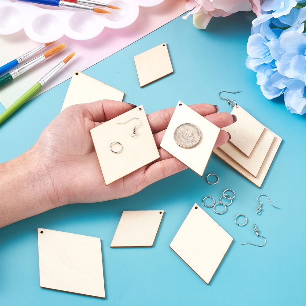 DIY Rhombus Shape Wood Pendants Earring Making Kits Include Platinum Plated Brass Earring Hooks and Jump Rings White