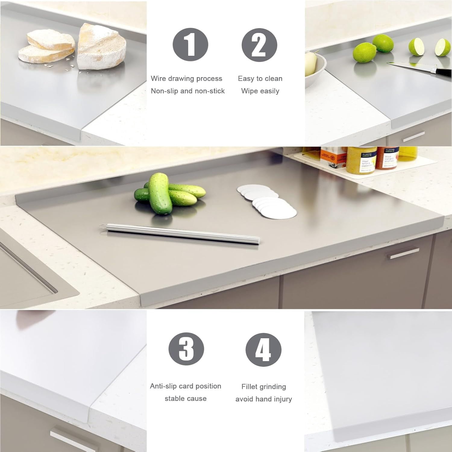 Stainless Steel Cutting Board with Lip for Kitchen Chopping Boards for Countertop Large Metal Cutting Board over Sink Suitable for Meat Fruits Vegetables Bread Noodle and Pizza Bamboo Knives
