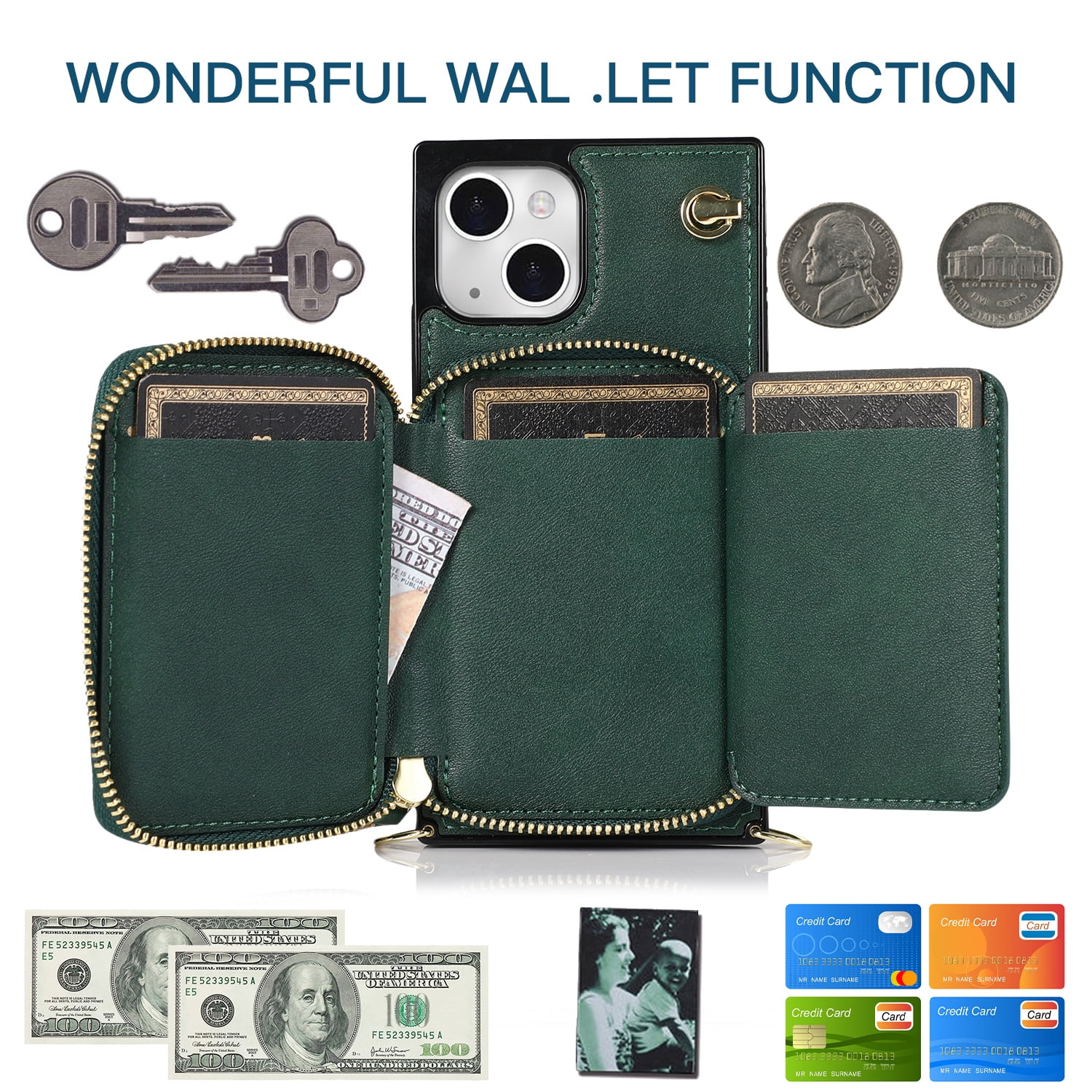 TECH CIRCLE For iPhone 12 Mini Wallet Case,Card Holder Phone Case for Women, Zipper PU Leather Purse Kickstand Folio Flip Case with Crossbody Strap for Apple iPhone 12 mini 5.4" 2020,Darkgreen
