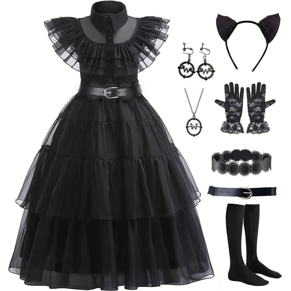 Lstmmwd Black Dress Up Costume for Girls Birthday Party Halloween Cosplay Outfit with Accessories 3-12Y