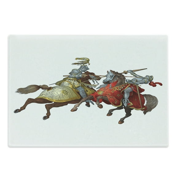 Medieval Cutting Board, Middle Age Fighters Knights with Costume Renaissance Period Illustration, Decorative Tempered Glass Cutting and Serving Board, Large Size, Multicolor, by Ambesonne