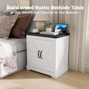 Antique White 24 Farmhouse End Table with Charging Station | Rustic Sofa Side Table with Sliding Barn Door & Shelf | for Living Room, Bedroom