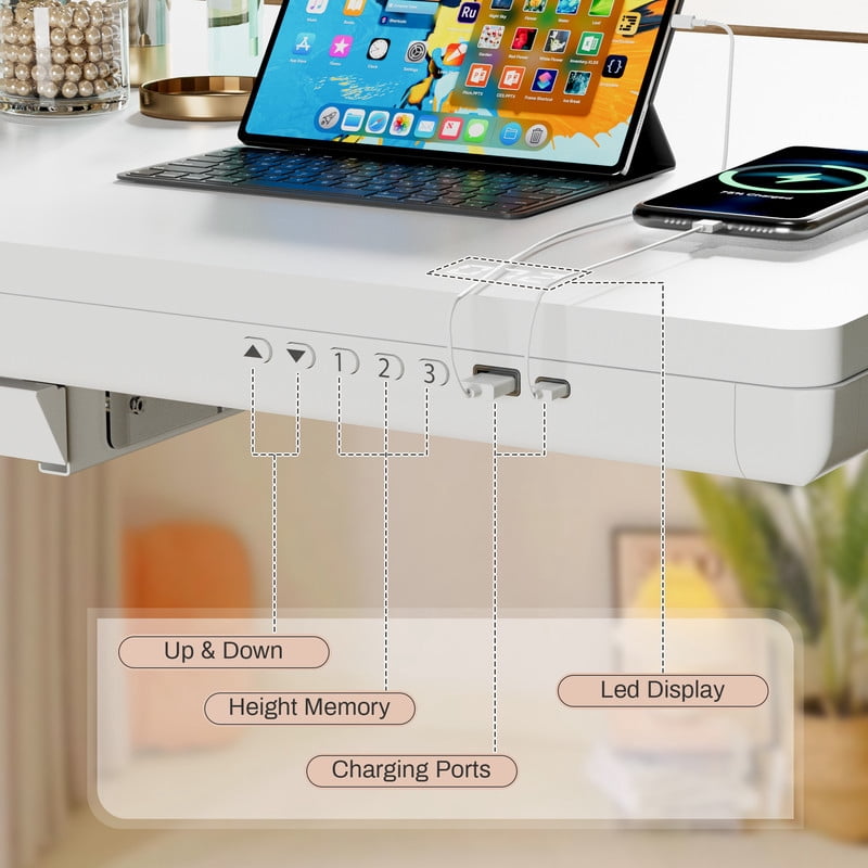 Homall 48" x 24" Wood Top Electric Standing Desk with Drawer, Height Adjustable Desk with Phone Stand & Charging Ports, Sit Stand up for Home Office,White