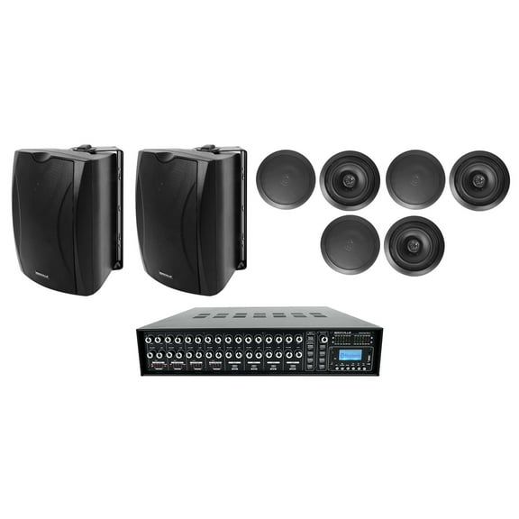 Rockville ROCK MATRIX 4-Zone Home Receiver (6) Ceiling (2) Black Wall Speakers