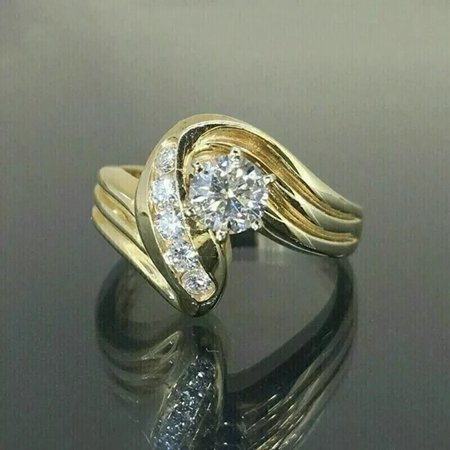 Silver Shop 14K Yellow Gold Finish 2CT Round Cut Cubic Zirconia Engagement Unique Ring