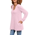 thumbnail image 4 of AXXD Pink Basic Trendy Tops for Women 2024 Summer Loose Casual Solid V-neck Side Slit With Pockets Long Sleeved Top, 4 of 9