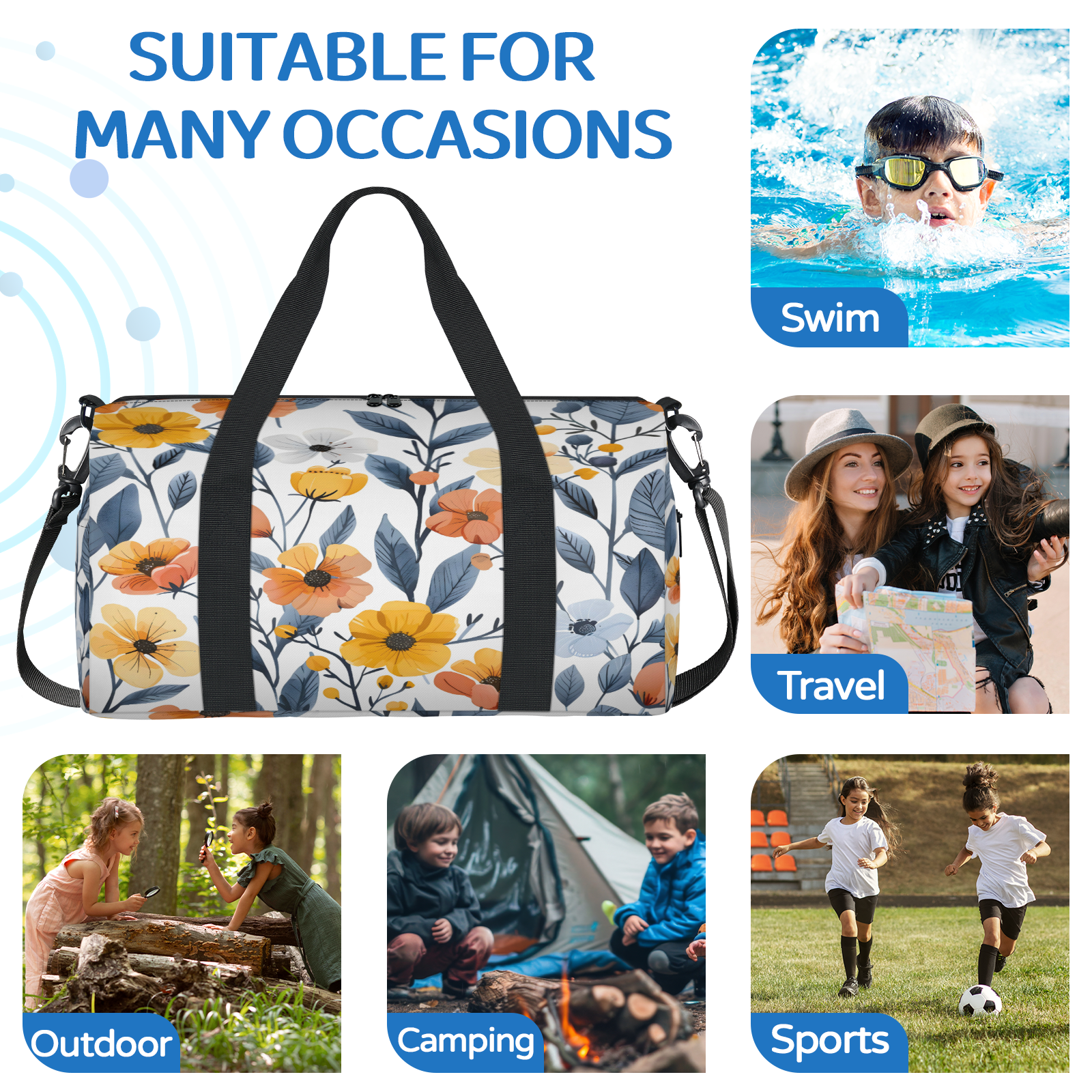 Herdesigns Flower Print Gym Bag for Women, Duffle Bag for Travel Sport, Lightweight Waterproof Carry on Weekender Overnight Dance Yoga Workout Bags