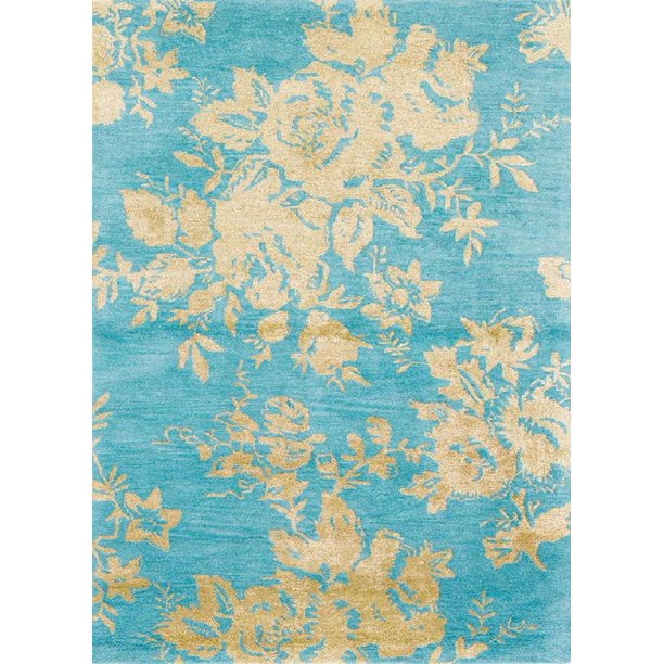 8' x 10' Blue and Yellow Floral Silhouette Wool Area Throw Rug