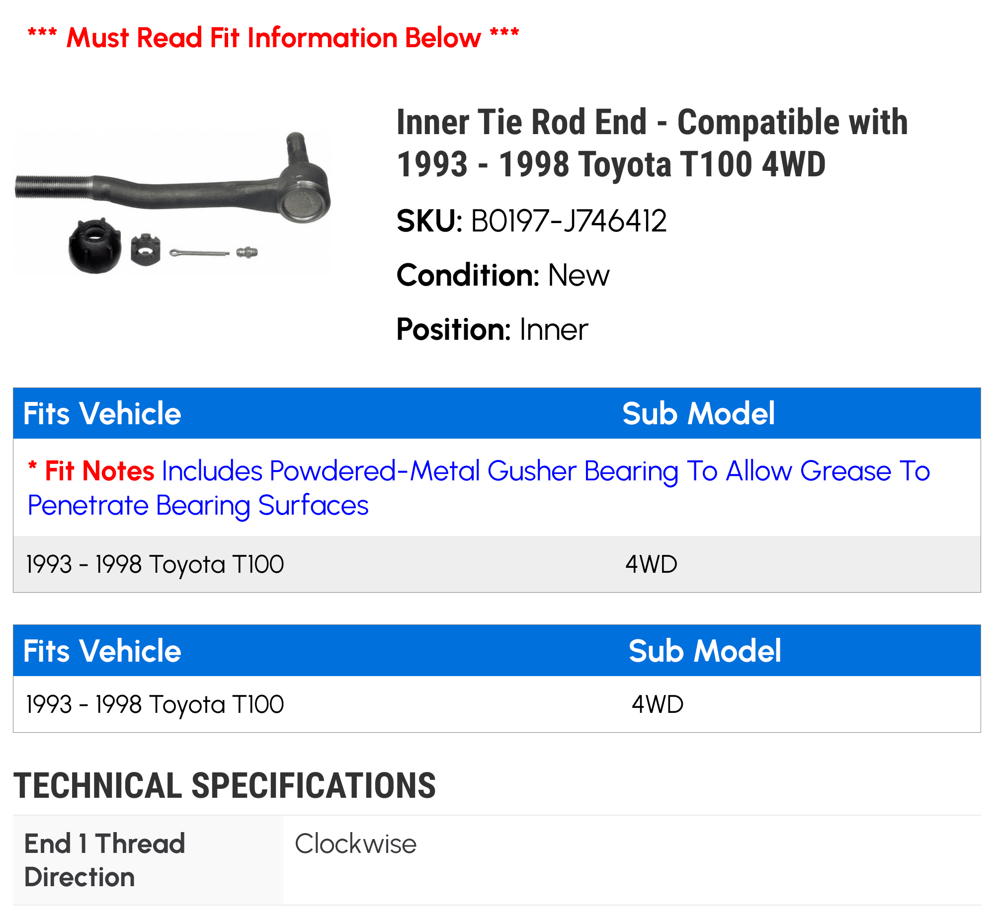 Inner Tie Rod End - Compatible with 1993 - 1998 Toyota T100 4WD - Moog
