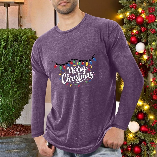 Blusas y camisas de manga larga con cuello redondo para hombre, deportivas, fitness, hogar, pijamas navideños estampados, camiseta de manga larga con cuello redondo, blusa de poliéster para hombre