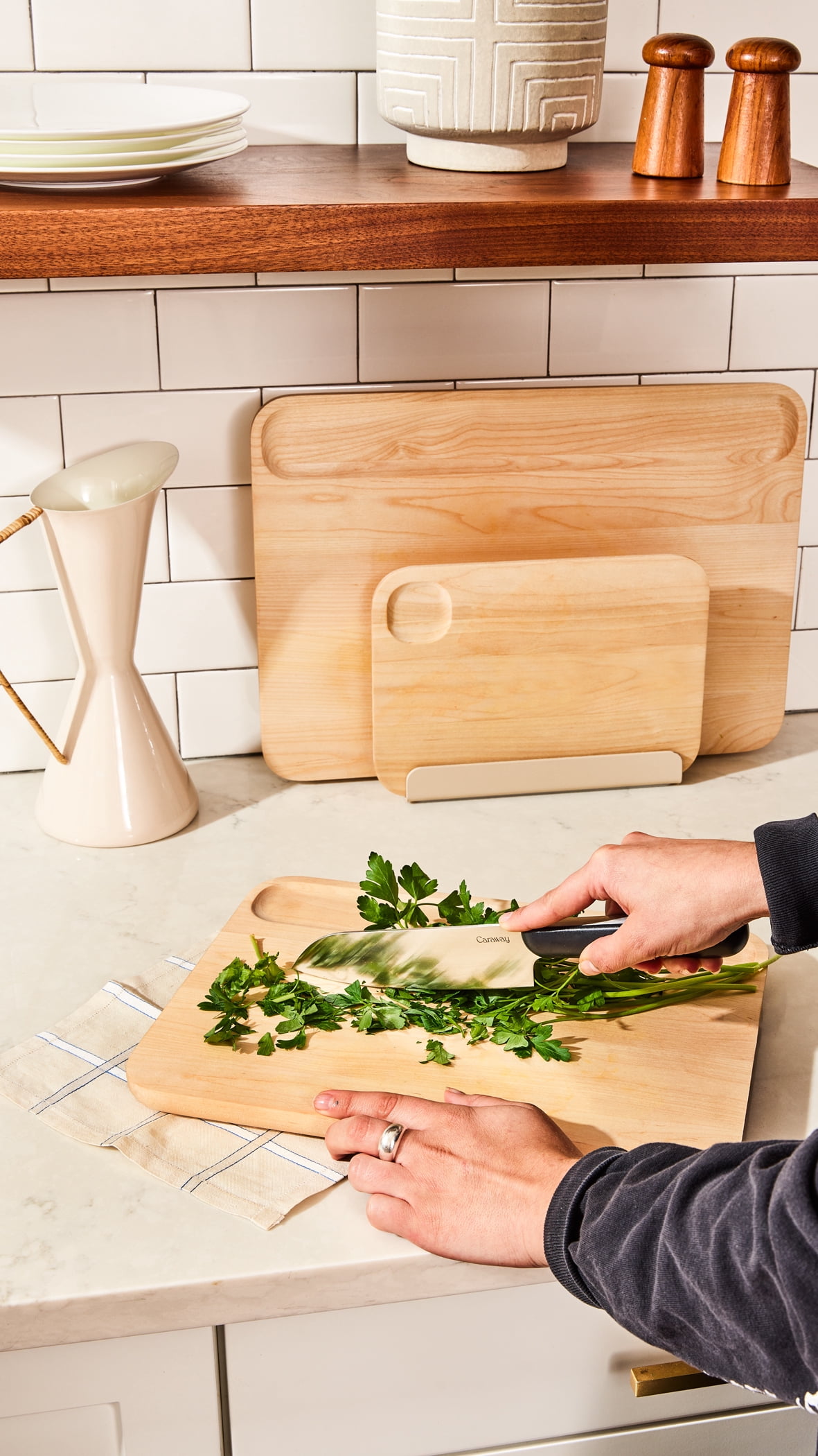 Caraway 5 Piece Knife Set - Premium German Steel Blade Kitchen Knives - Ergonomic Handles - No Microplastics - Cream