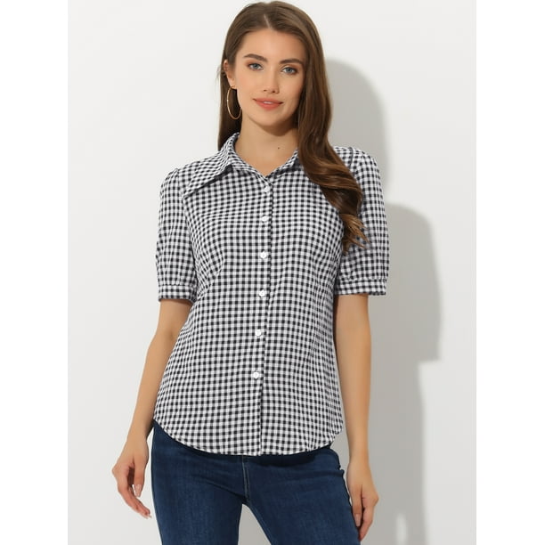 Blusa a cuadros para mujer de manga corta con cuello de lazo y lazo Negro XS