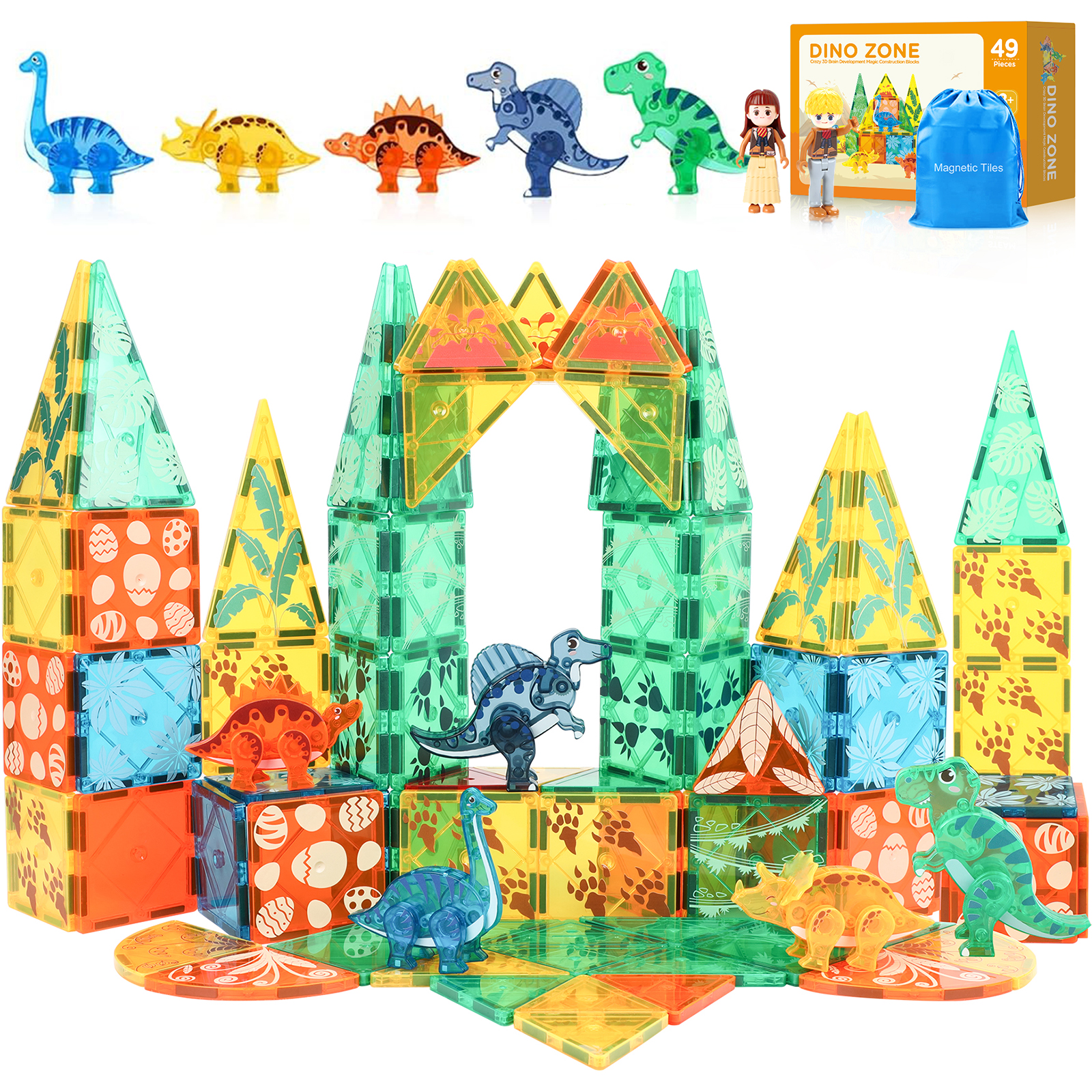 FunMagic Dinosaur Magnetic Tiles Building Set, 49 Pieces