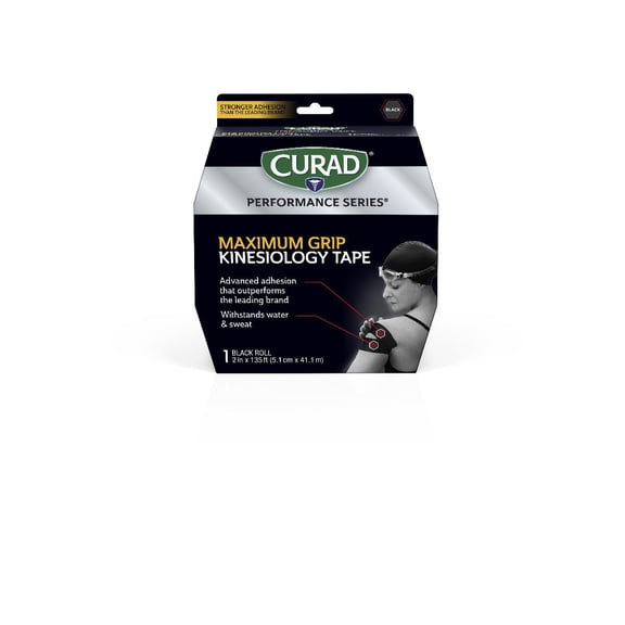 CURAD® Performance Series® Maximum Grip Kinesiology Tape, Cotton Elastic Compression Support for Joints & Muscles, Black, 2 in x 135 feet (1 Roll)