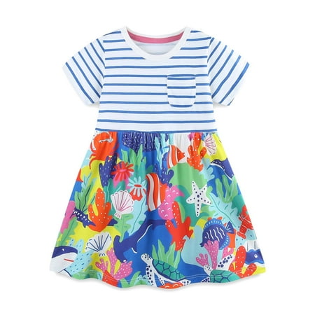 Toddler Girls Dresses Striped Summer Cartoon Appliques Cottn Casual Clothing Dress Size 2-3T