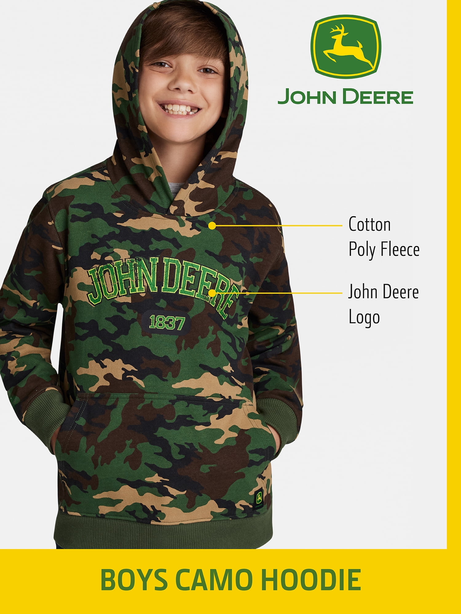 John Deere Boys Camo Graphic Fleece Long Sleeve Hoodie, Sizes 4-18