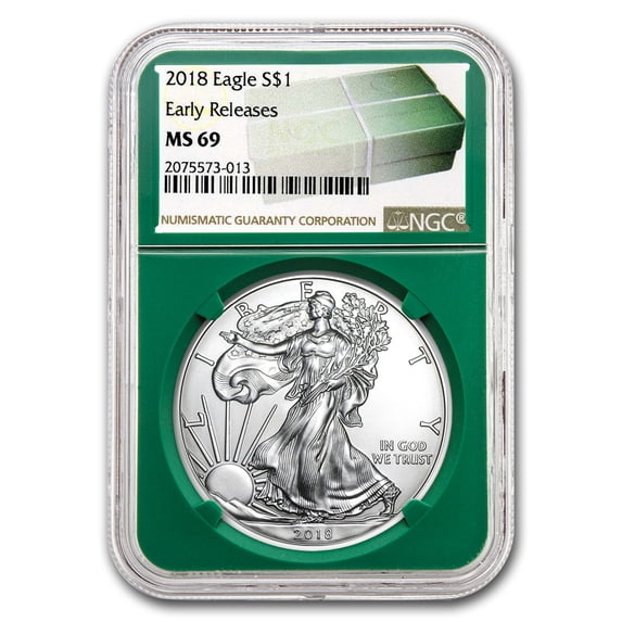 2018 American Silver Eagle Coin MS-69 NGC (ER, Green Holder)