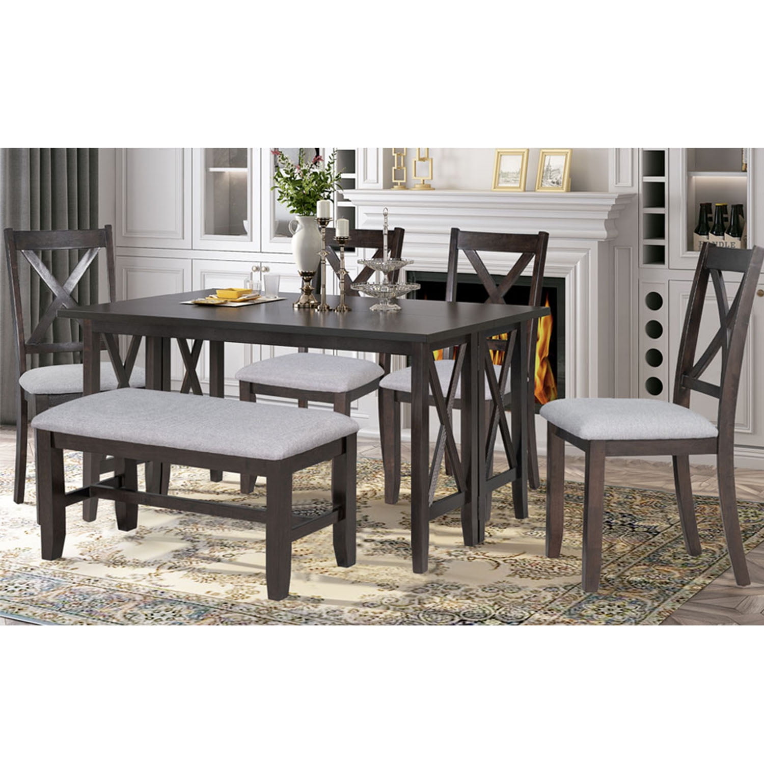 Kadyn Dining Table Set for 6, Living Room Table Set with Foldable Table and 4 Chairs with Bench, 6-piece Family Dining Room Set for Dining Room, Espresso Kadyn Dining Table Set for 6, Living Room Table Set with Foldable Table and 4 Chairs with Bench, 6-piece Family Dining Room Set for Dining Room, Espresso