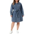 thumbnail image 2 of Agnes Orinda Women's Plus Size Easter Long Sleeves Button Down Belted Denim Shirt Midi Jean Dresses 1X Gray Blue, 2 of 5