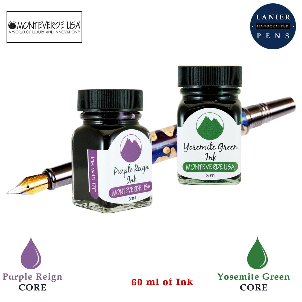 Monteverde 60ml Core Fountain Pen Ink Bottle (30ml Purple Reign Ink Bottle G309PR, 30ml Yosemite Green Ink Bottle G309YG)