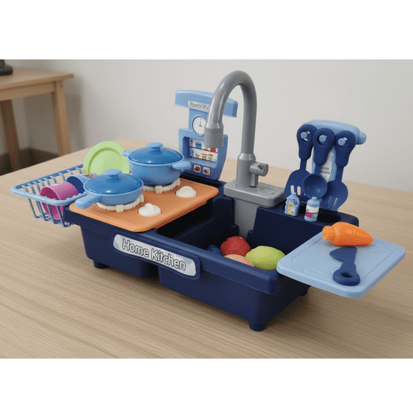 LivinVeluris My First Sink: Kids Electric Pretend Play Kitchen Sink with Real Running Water, Pump, & Toy Dishes for Toddlers-Navy Blue
