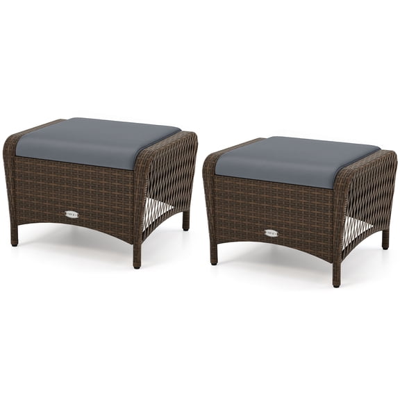 Gymax Set of 2 Outdoor Patio PE Wicker Ottomans w/Removable Cushions for Porch Garden Mix Brown & Grey