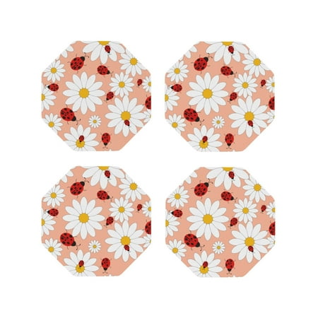 

Leather Coasters Set of 4 - Daisy and Ladybug Lightweight Non-Slip Drink Coasters for Desk Anti-Scalding Desk Cup Coasters for Office Table Decor Octagon