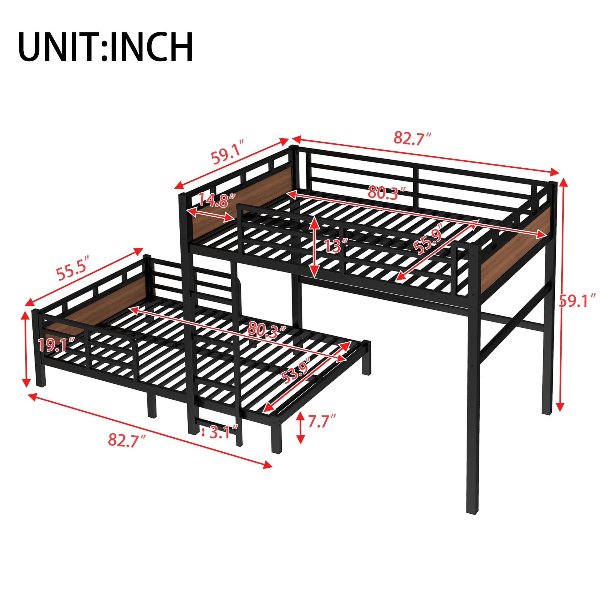 Leumius Full XL over Full XL Metal Bunk Bed,Metal Loft Bed,Separable Bunk Beds with Ladder & Safety Guardrail,Walnut