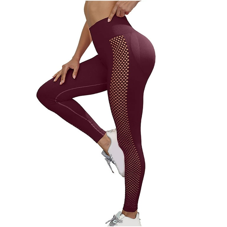XFLWAM Mesh High Waist Leggings for Women Tummy Control Athletic Gym  Running Yoga Workout Pants Wine Red L 