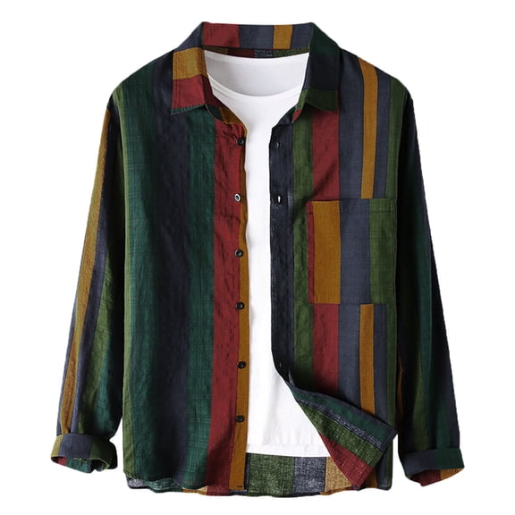 FINALGANG Mens Lapel Collar Button Color Block Stripe Print Roll Up Long Sleeve Bust Pocket Shirt Loose Fit Spring Daily Outdoor Casual Tops Soft Top Multicolor XXXL
