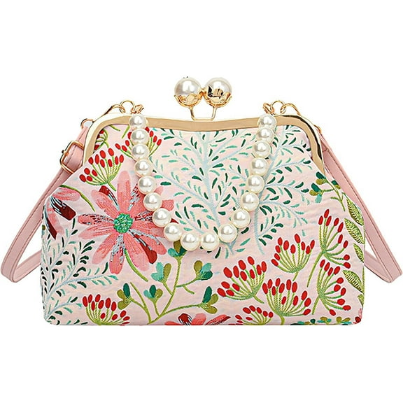 Women Vintage Floral Embroidered Top Handle Handbag Kiss Lock Elegant Clutch Purse Small Pearl Crossbody Bag