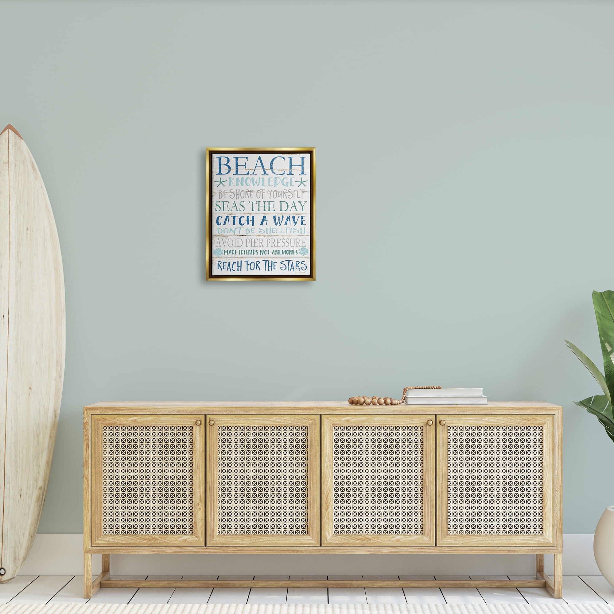 Stupell Industries Beach Knowledge Blue Aqua and White Planked Look Sign Metallic Gold Framed Floating Canvas Wall Art, 16x20, by Jennifer Pugh