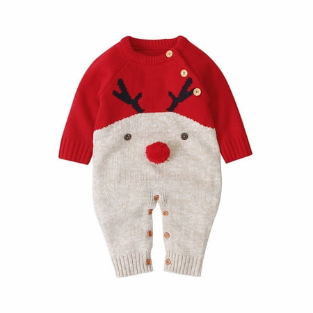 

Caitzr Toddler Round Collar Romper Suit Baby Long Sleeve One Piece Bodysuit Deer Printing Sweater Jumpsuits