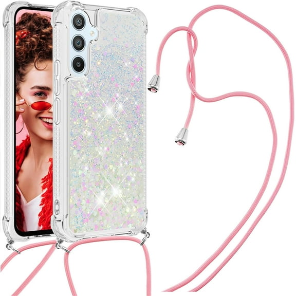 Long Crossbody Lanyard Clear Case for Samsung Galaxy A14 with Adjustable Neck Strap, Glitter Sparkly Bling Quicksand Phone Cover Cases for Samsung Galaxy A14 4G/ 5G QKG Colorful