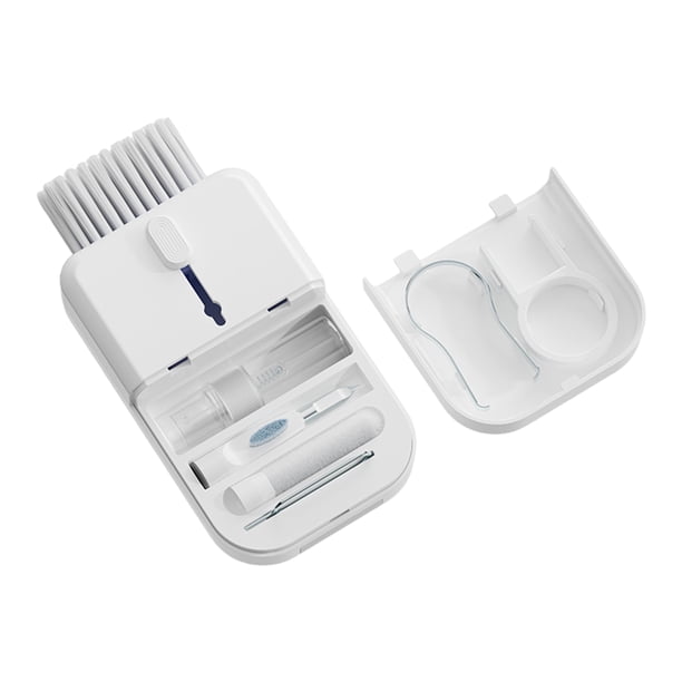 Injueey Cepillo desmontable para auriculares con caja de almacenamiento para limpieza segura de teclado, Kit de limpieza multifuncional Electrónica blanco